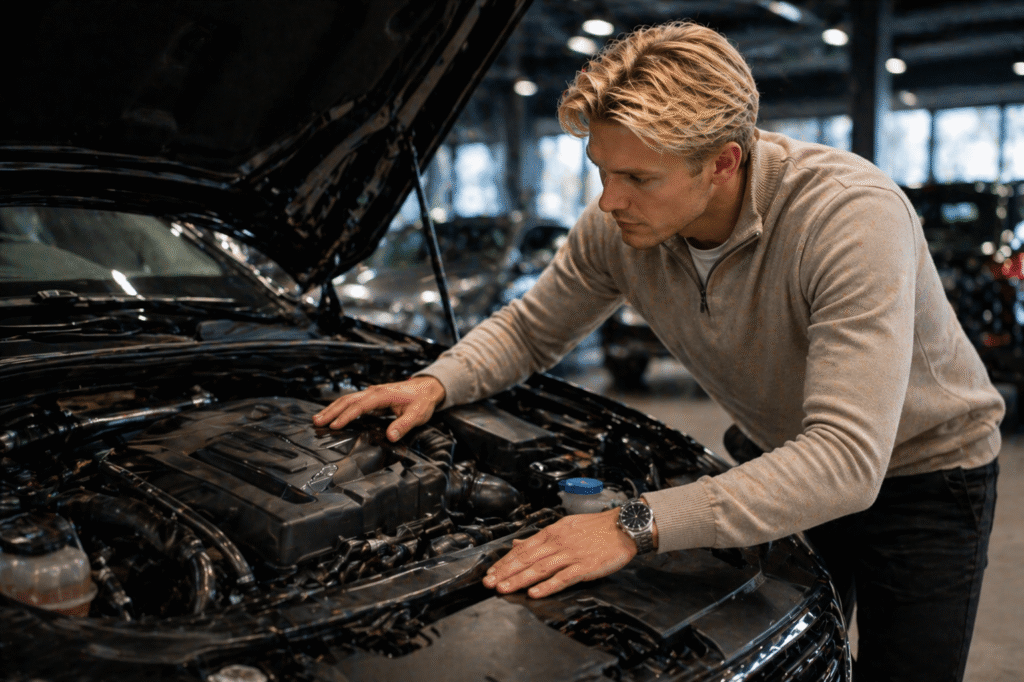 Under huven Under huven finns många viktiga delar av bilen, bland annat motor, vätskor och oljor som får bilen att gå som den ska. Det är viktigt att se till att allt står rätt till i bilens inre för att du ska få en bil som fungerar bra och lever länge. ✓ Oljestickan: Kontrollera både nivån på oljan och även färg och konsistens. Färgen ska vara klarbrun om oljan nyligen är bytt eller så kan den vara svart som den blir efter en tids användning, men då kan det vara bra att fråga när den senast byttes. All annan färg eller konsistens kan tyda på att något är fel. ✓ Remmar: Torrsprickor kan uppstå på remmarna efter en tid, kontrollera så att alla remmar är hela och utan sprickor. ✓ Läckage: Under huven kan det vara lite fuktigt men det viktigaste är att kolla så att det inte finns något läckage. ✓ Vätskor: Det finns en del olika vätskor du bör kolla; kylarvätska, bromsvätska och servovätska. Kylvätskan ska oavsett färg vara klar, och kolla så att det inte finns någon gegga i botten. Kontrollera även bromsvätskan, låg nivå kan innebära slitna bromsar och brunaktig färg kan betyda att den inte bytts på ett tag.